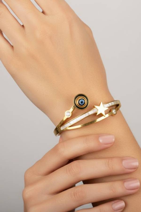 Celestial Evil Eye & Star Layered Cuff Bangle