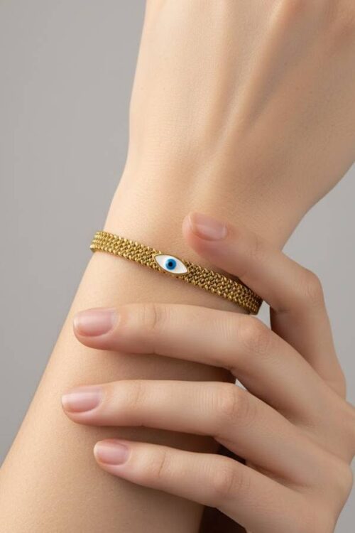 Golden Evil Eye Mesh Bracelet – Stylish Protection Bangle for Women