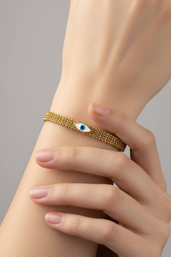 Golden Evil Eye Mesh Bracelet – Stylish Protection Bangle for Women