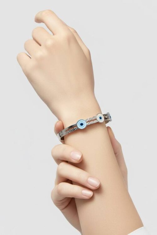 Silver Evil Eye Protection Bangle – Elegant Minimalist Bracelet for Women