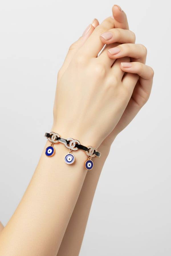 Bold Black Enamel & Rose Gold Evil Eye Dangle Bangle