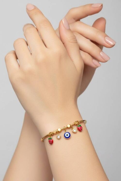 Charming Gold Strawberry & Evil Eye Dangle Charm Bangle