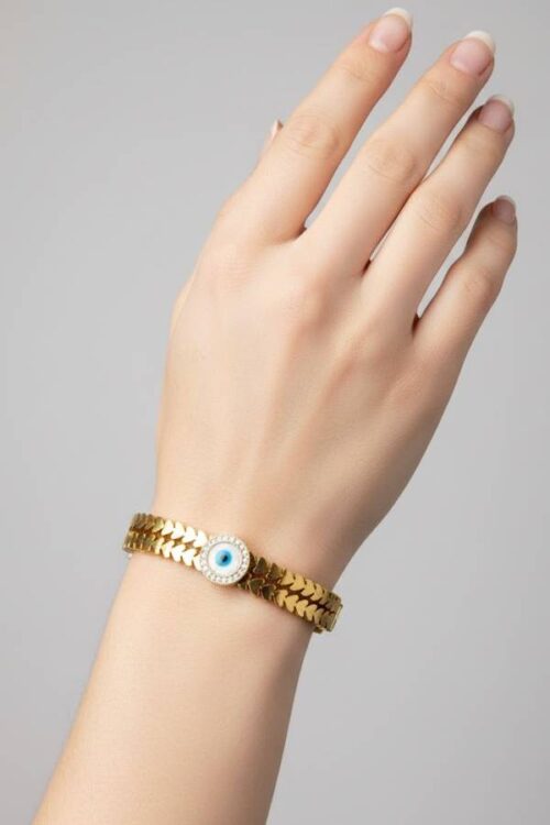 Textured Gold Leaf-Link Bangle with Pave Evil Eye Medallion