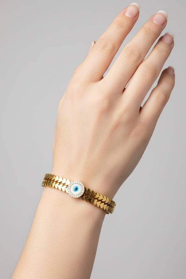 Textured Gold Leaf-Link Bangle with Pave Evil Eye Medallion