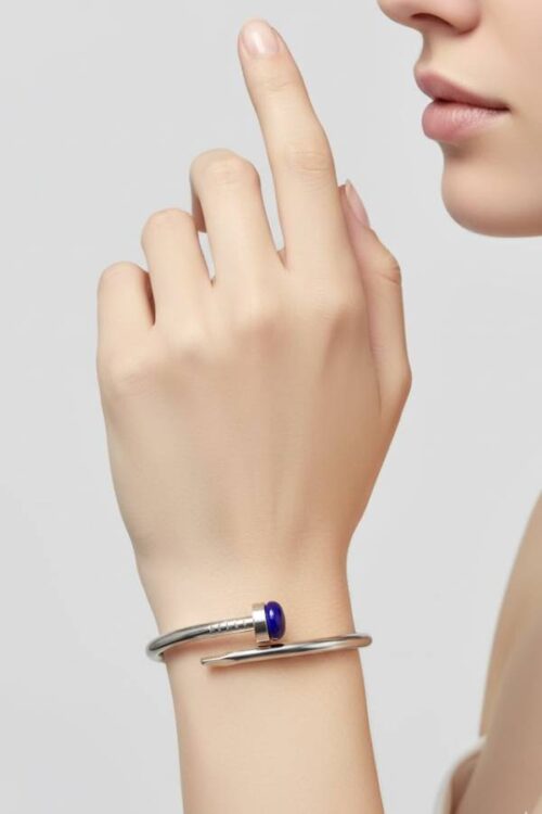 Edgy Silver Nail-Inspired Cuff Bangle with Bold Blue Lapis Stone