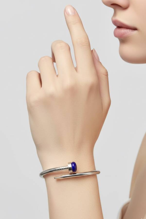 Edgy Silver Nail-Inspired Cuff Bangle with Bold Blue Lapis Stone