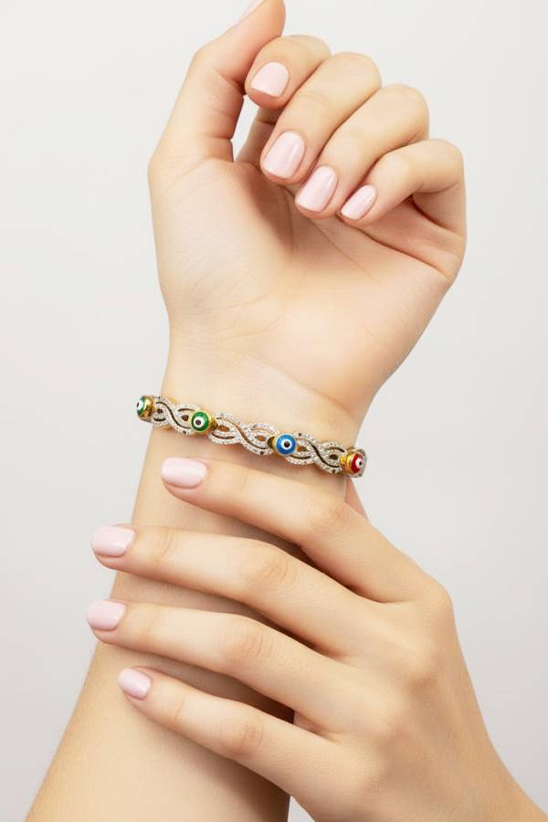 Rainbow Evil Eye Pave Bangle with Intertwined Crystal Waves