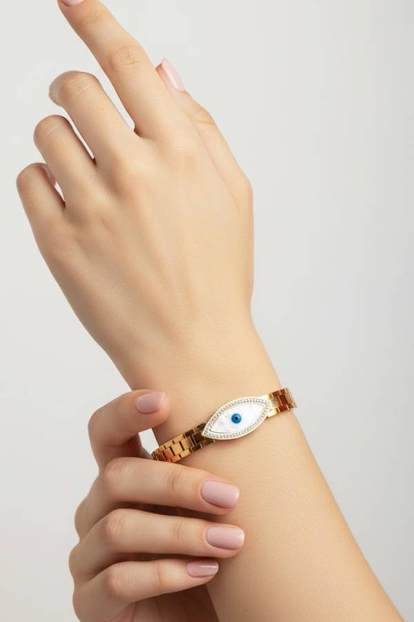 Glamorous Gold Link Bangle with Pave Crystal Evil Eye Charm