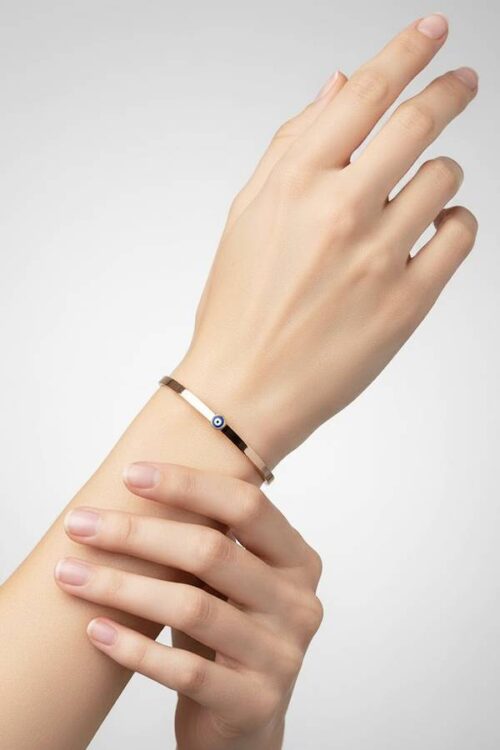 Ultra-Minimalist Rose Gold Cuff Bangle with Tiny Evil Eye Charm