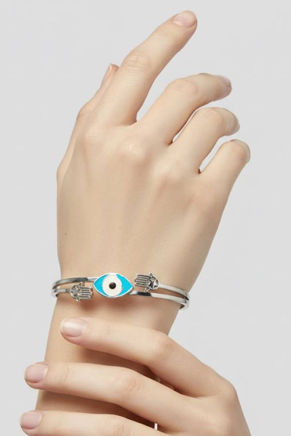 Silver Hamsa Hand & Evil Eye Double Cuff Bangle