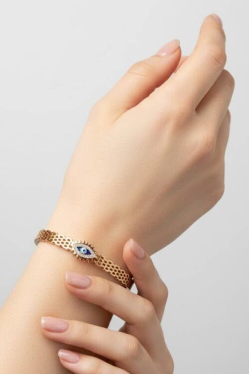 Intricate Mesh Gold Bangle with Pave Evil Eye Charm