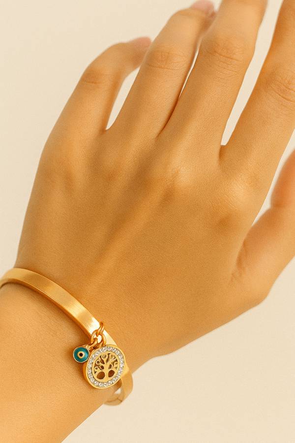 Rose Gold Tree of Life & Evil Eye Charm Bangle