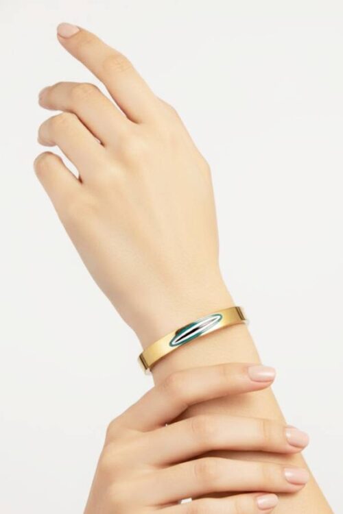 Minimalist Gold Cuff Bangle with Abstract Teal Evil Eye Inlay