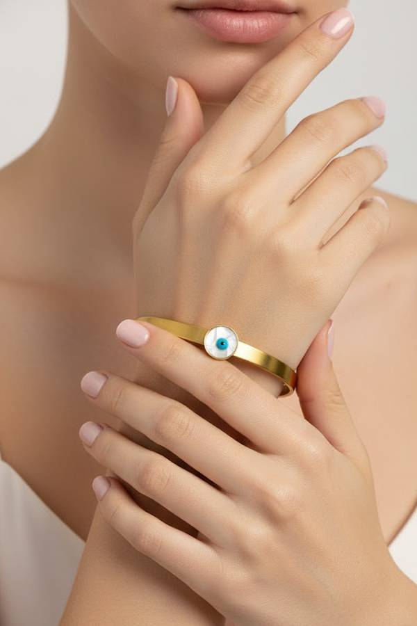 Minimalist Gold Cuff Bangle with Mother-of-Pearl Evil Eye