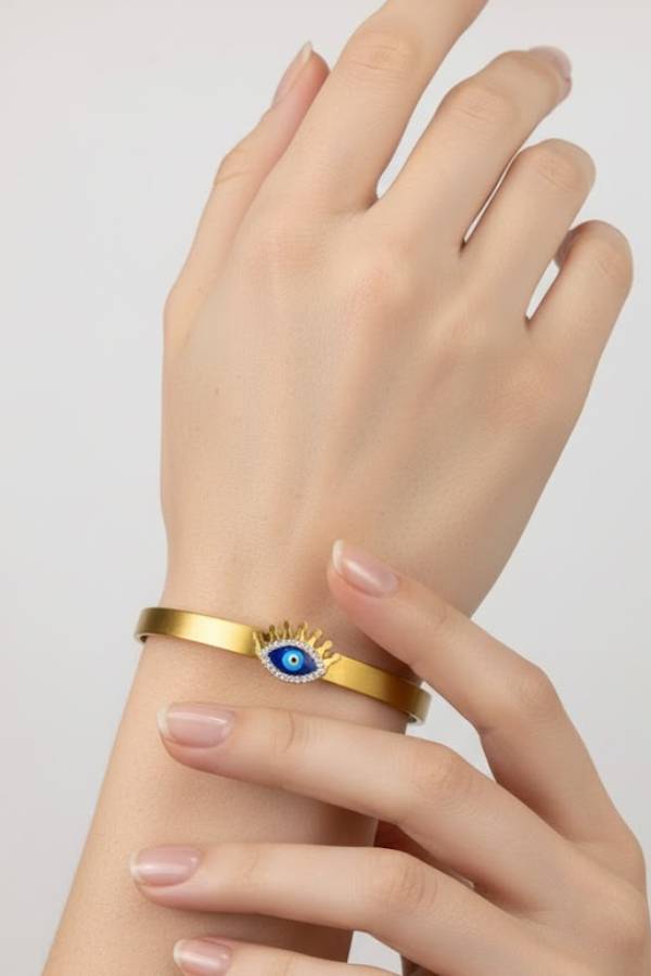 Regal Gold Crown Evil Eye Cuff Bangle with Pave Crystals