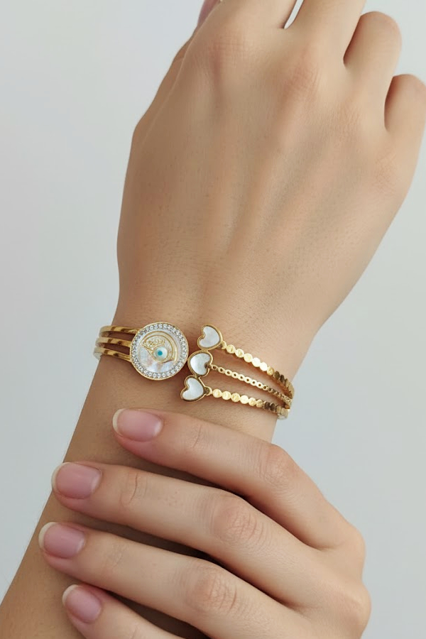 Luxurious Layered Gold Evil Eye Cuff with Mother-of-Pearl Hearts