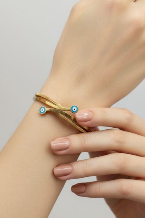 Chic Gold Wrap Cuff Bangle with Dual Evil Eye Charms