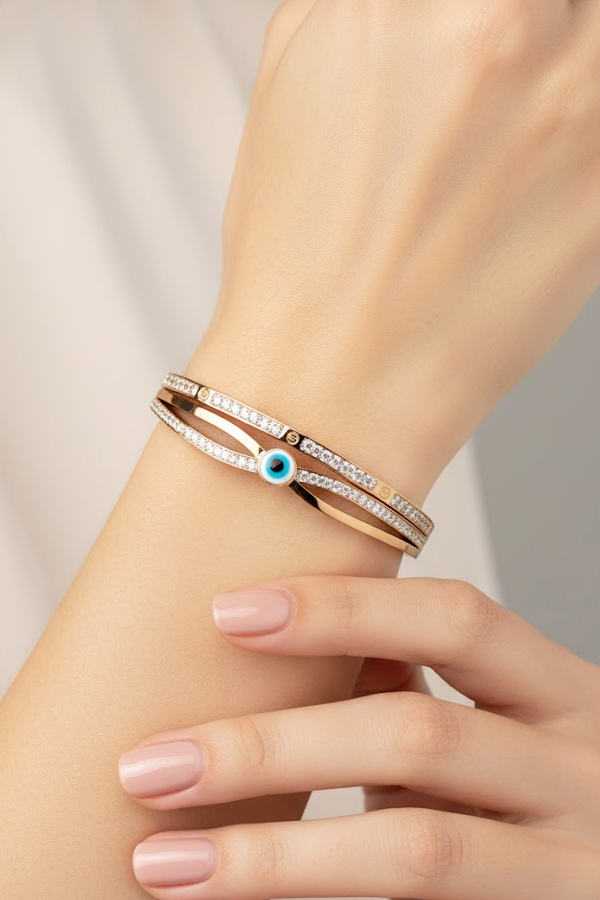 Glamorous Rose Gold Triple-Band Bangle with Pave Crystal and Evil Eye
