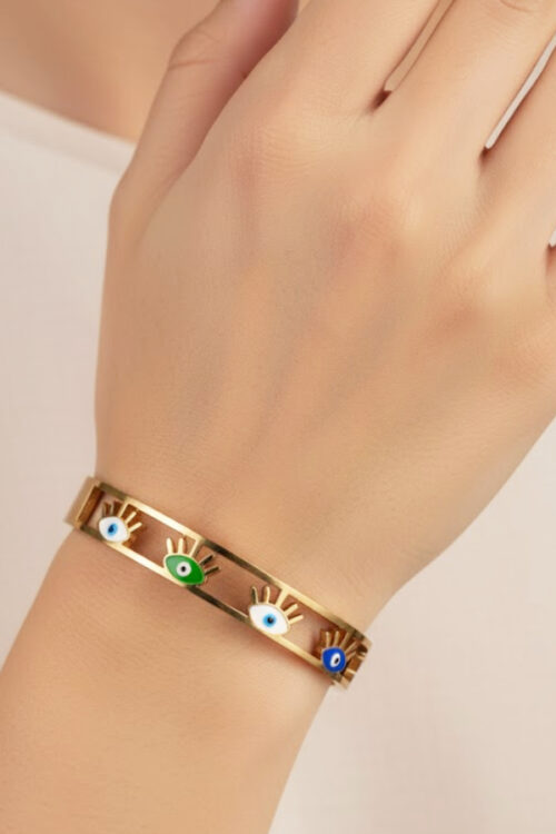 Modern Gold Cutout Bangle with Multi-Colored Evil Eye Charms