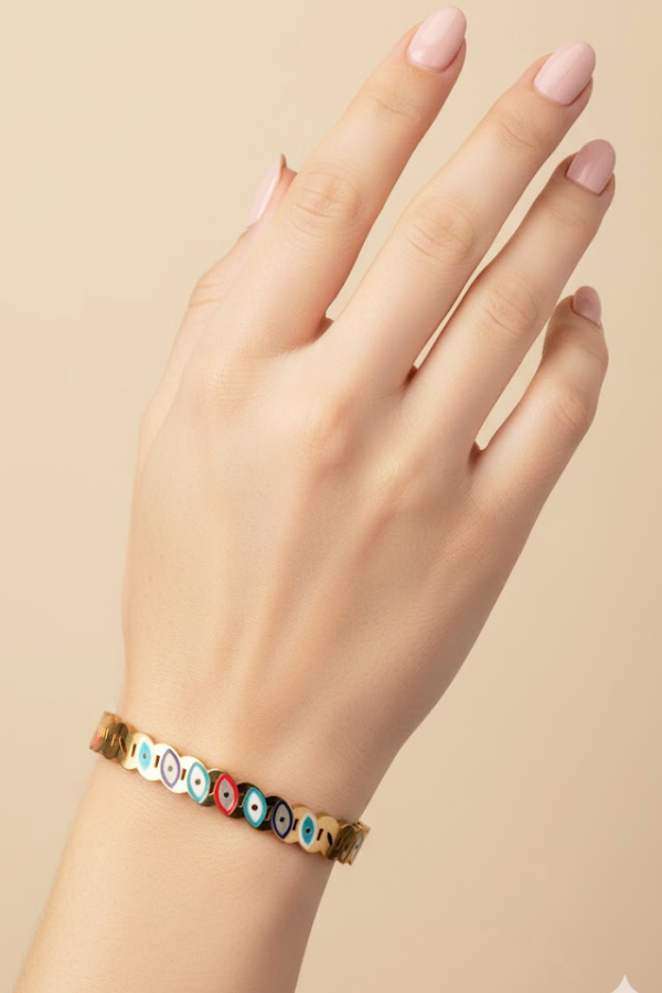 Colorful Enamel Evil Eye Link Bangle - Protective Gold Tone Jewelry