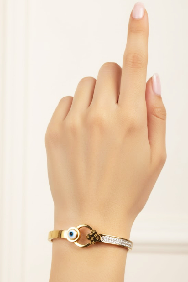 Luxurious Gold Hook Clasp Bangle with Evil Eye & Crystal Pave
