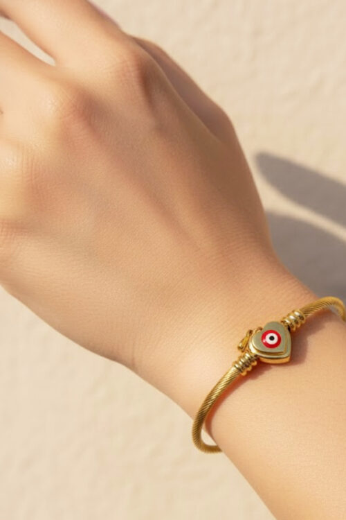 Gold Cable Chain Bangle with Heart & Red Evil Eye Charm