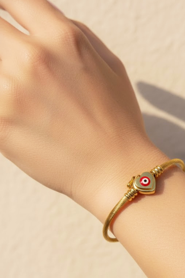 Gold Cable Chain Bangle with Heart & Red Evil Eye Charm