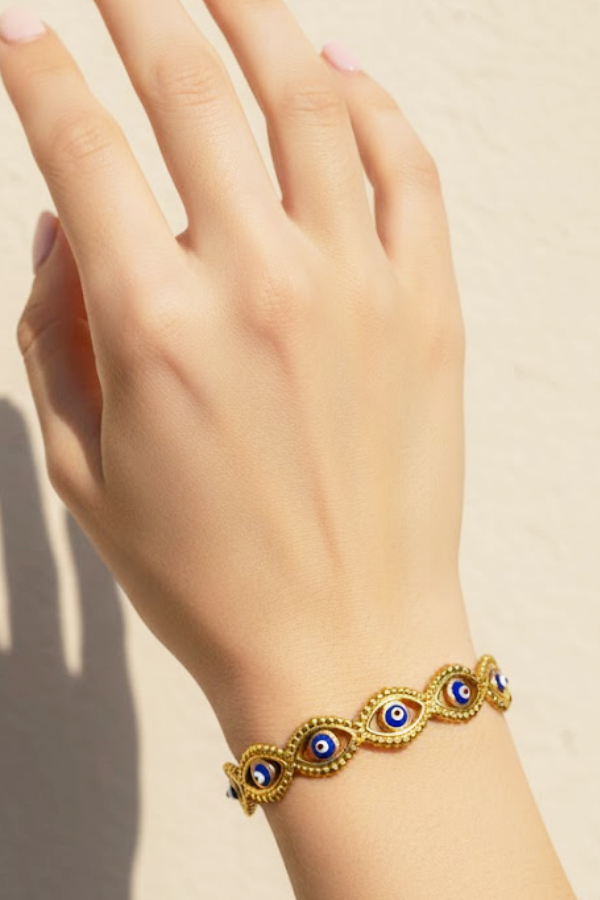 Antique Gold Finish Repeated Evil Eye Cuff Bracelet