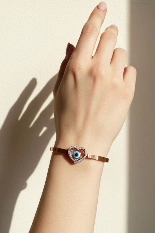 Romantic Rose Gold Heart & Evil Eye Bangle with Micro-Pave Crystals