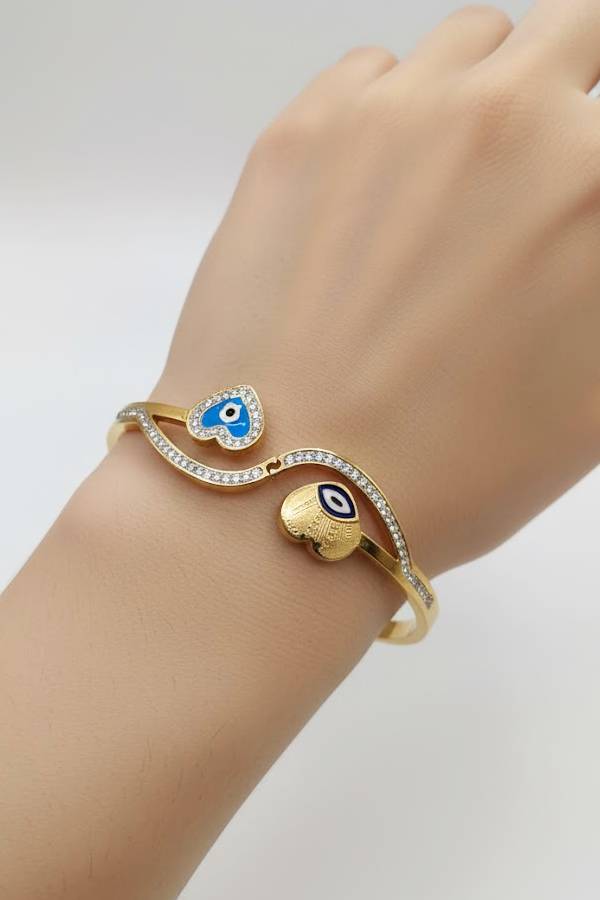 Golden Dual Heart Evil Eye Bangle – Sparkling Love & Protection