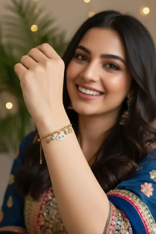 Bohemian Gold Anti-Tarnish Dangle Charm Bracelet with Pave Evil Eye & Turquoise