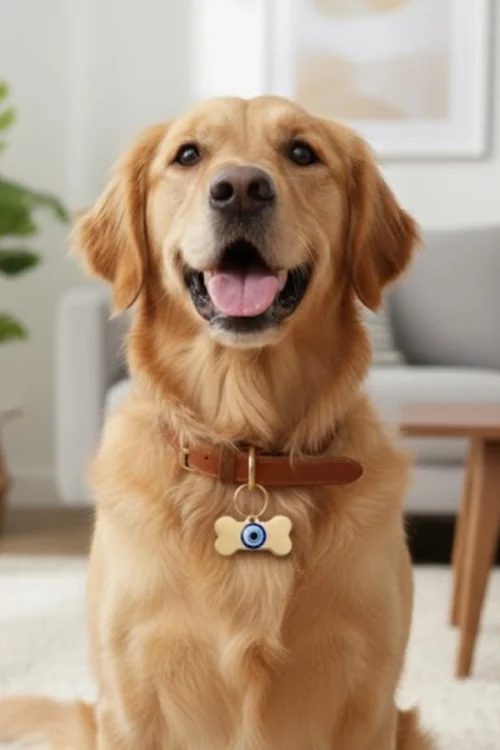 Carry a touch of love and protection with this delightful keychain, shaped like a classic dog bone or pet tag. Dangling playfully from the center of the bone charm is a small, traditional Evil Eye medallion with a vibrant blue iris.