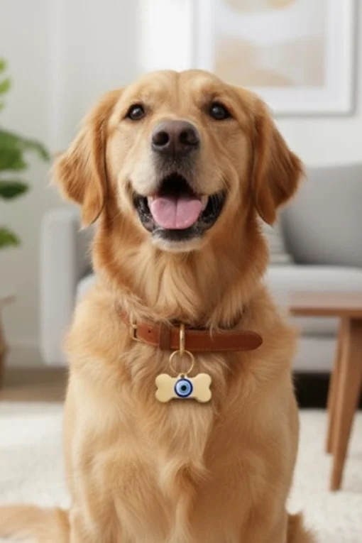 Carry a touch of love and protection with this delightful keychain, shaped like a classic dog bone or pet tag. Dangling playfully from the center of the bone charm is a small, traditional Evil Eye medallion with a vibrant blue iris.