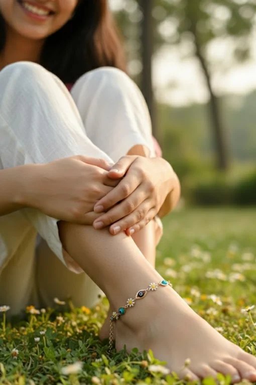 Charming Gold Daisy Chain Anklet with Multi-Colored Evil Eye Charms