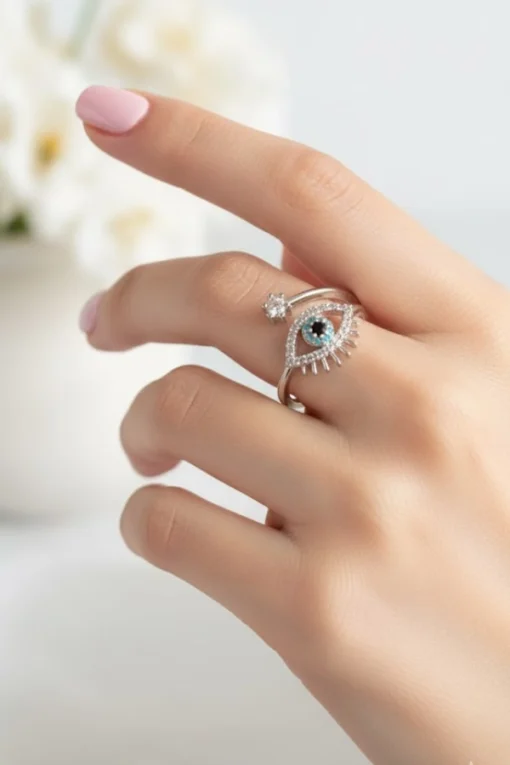 Silver Evil Eye Adjustable Ring – Sparkle of Protection