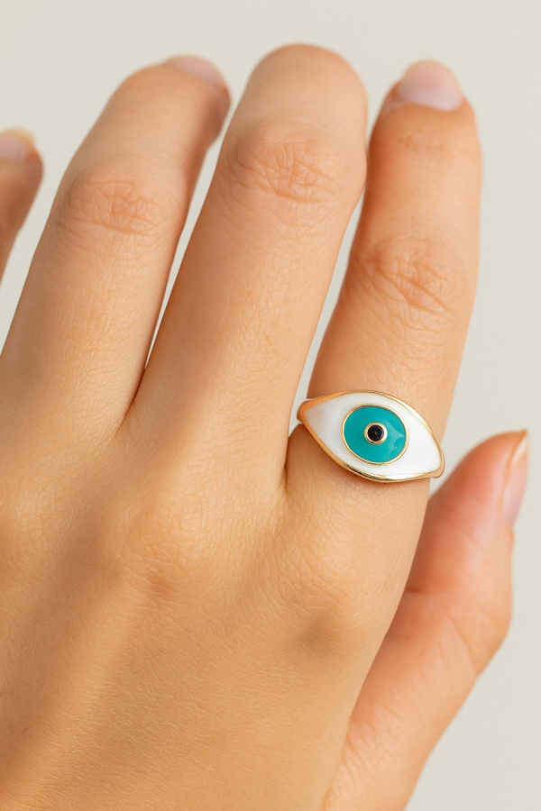 Premium Evil Eye Protection Ring – Rose Gold Plated with Turquoise Enamel