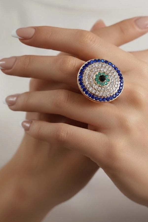 Luxury Evil Eye Statement Ring – Sparkling Protection in Blue & Gold