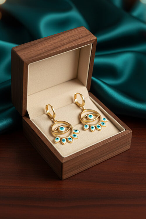 Elegant Gold Evil Eye Drop Earrings with Blue Enamel Detailing