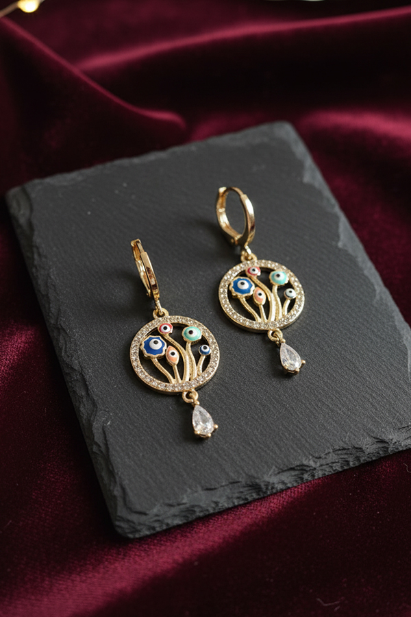 Luxury Multicolor Evil Eye Gold Drop Earrings with Crystal Accent