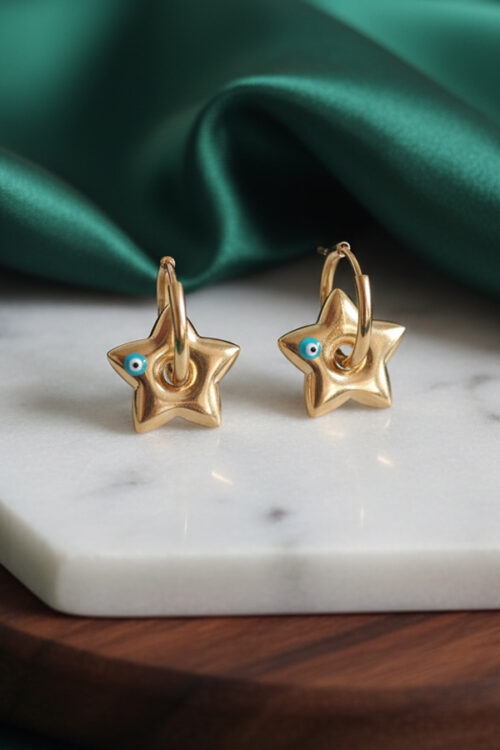 Golden Star Evil Eye Hoop Earrings – Celestial Protection Charm