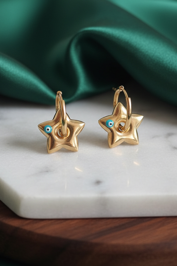 Golden Star Evil Eye Hoop Earrings – Celestial Protection Charm