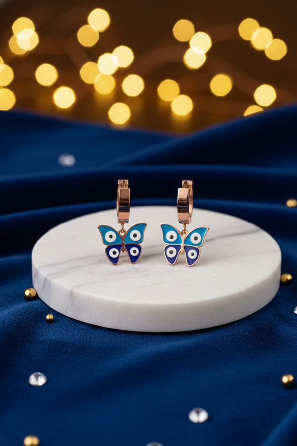Butterfly Evil Eye Hoop Earrings – Rose Gold Charm of Elegance & Protection