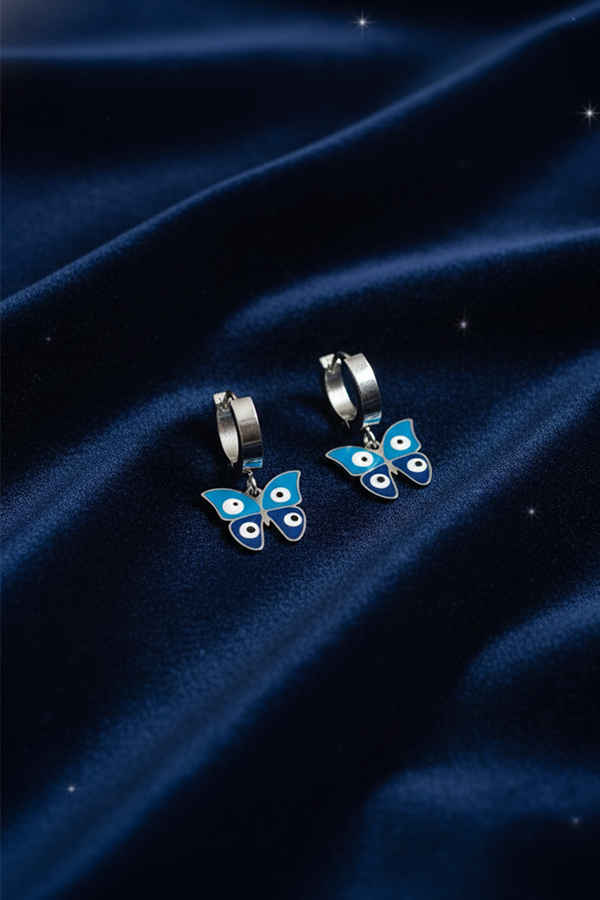 Silver Butterfly Evil Eye Hoop Earrings – Symbol of Grace & Protection
