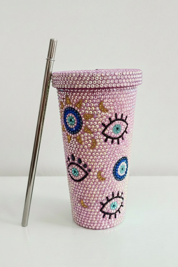 Pink Rhinestone Bling Tumbler with Celestial Evil Eye Design