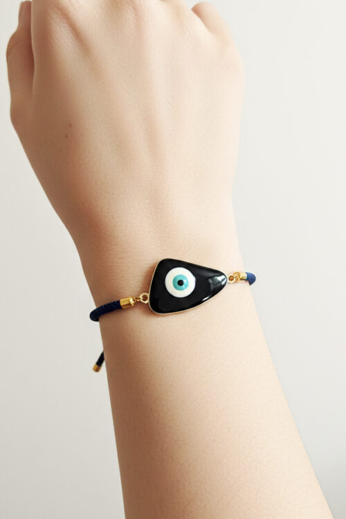 Navy Blue Rope Adjustable Bracelet with Black Enamel Evil Eye Charm