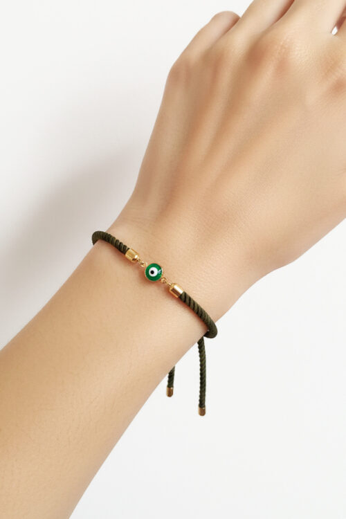 Adjustable Olive Green Cord Bracelet with Enamel Evil Eye Charm