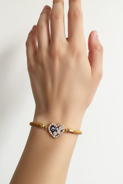 Adjustable Yellow Cord Bracelet with Crystal Heart & Evil Eye
