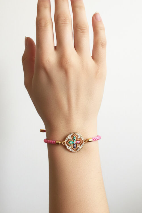 Pink Rope Adjustable Bracelet with Multi-Color Evil Eye Cross Charm