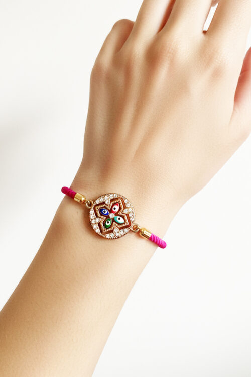 Adjustable Dark Pink Cord Bracelet with Crystal Quatrefoil Evil Eye Charm