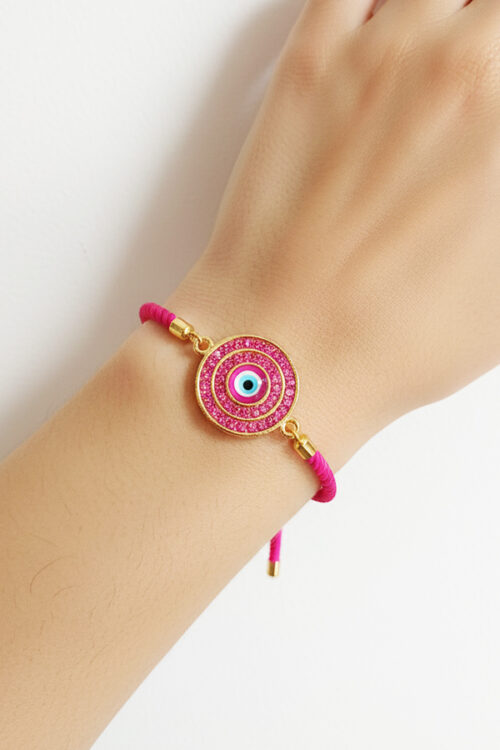 Adjustable Hot Pink Cord Bracelet with Glittering Evil Eye Charm